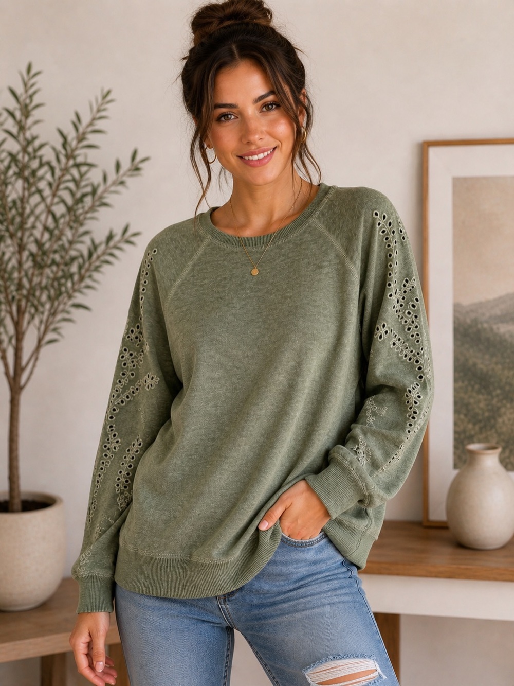 Joei & I Green Eyelet Embroidered Sleeve Sweatshirt Size L NWT